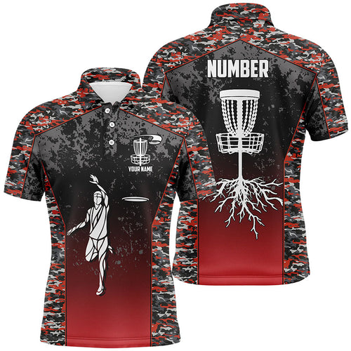 Red Camo Mens Disc Golf Polo Shirts, Custom Camouflage Golf Shirts For Men, Disc Golf Gifts LDT0091