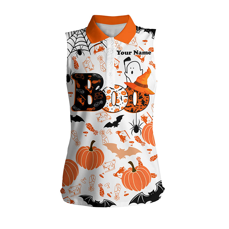 Boo Halloween Golf Pattern Sleeveless Orange Polo Shirt Custom Funny Golf Shirts For Women Golf Gifts LDT0345