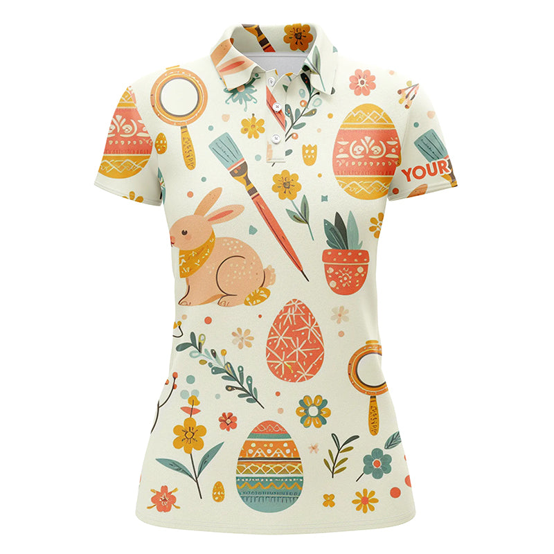 Colorful Easter Eggs & Bunnies Womens Golf Polo Shirt Custom Easter Funny Golf Tops For Women LDT1333
