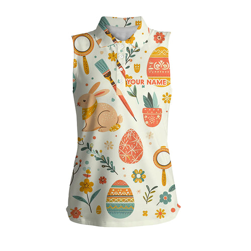 Colorful Easter Eggs & Bunnies Womens Sleeveless Polo Shirt Custom Easter Funny Golf Tops For Women LDT1333