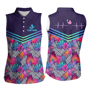 Heart Beat Flamingo Multicolor Tropical Womens Sleeveless Polo Shirts Custom Golf Shirts For Women LDT0673