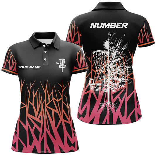 Personalized Disc Golf Basket Tree Pink Gradient Womens Polo Shirt Disc Golf Shirts For Women LDT0720