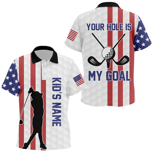 Your Hole Is My Goal American Flag Golf Kids Polo Shirts Custom Patriotic Golf Shirts For Kid LDT0774