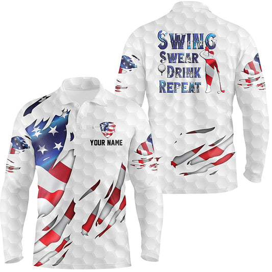 Swing Swear Drink Repeat American Flag Mens Golf Polo Shirt Custom Patriotic Golf Shirts For Men LDT0789