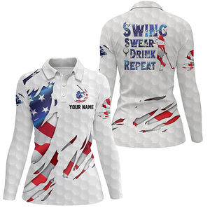 Swing Swear Drink Repeat American Flag Golf Polo Shirt Custom Patriotic Golf Shirts For Women LDT0789