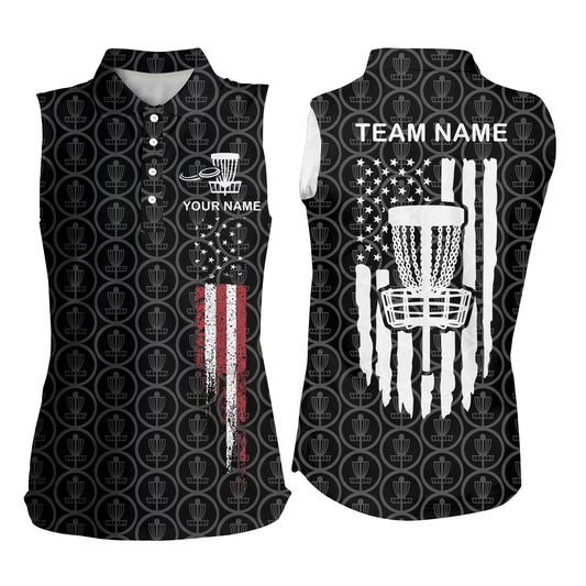 Retro American Flag Disc Golf Womens Sleeveless Polo Shirt Custom Patriotic Golf Shirts For Women LDT0794