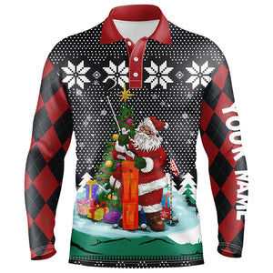 Santa Playing Golf Ugly Christmas Mens Polo Shirt Custom Argyle Pattern Funny Golf Shirts For Men LDT1027