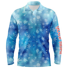 Load image into Gallery viewer, Snowflakes And Blurred Lights Blue Christmas Golf Men Polo Shirts Custom Golf Shirts For Men LDT0809