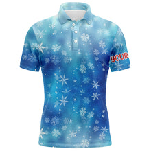 Load image into Gallery viewer, Snowflakes And Blurred Lights Blue Christmas Golf Men Polo Shirts Custom Golf Shirts For Men LDT0809