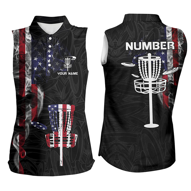 Smoky American Flag Womens Disc Golf Sleeveless Polo Shirt Patriotic Disc Golf Tops Disc Golf Basket LDT1036