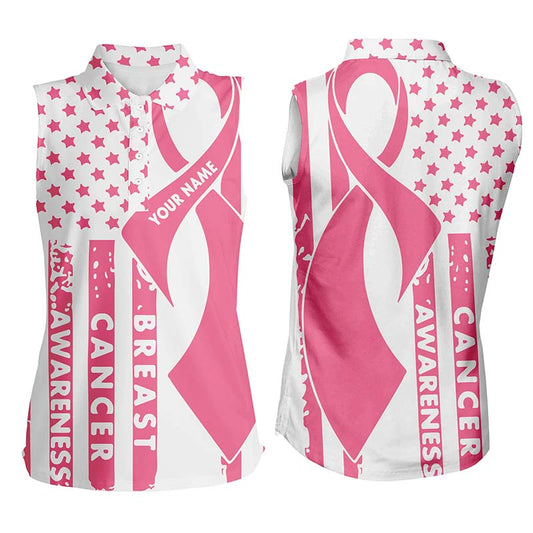 Breast Cancer Awareness White Pink American Flag Womens Sleeveless Polo Shirt Patriotic Golf Top LDT0506