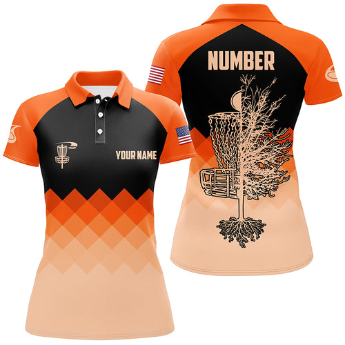 Orange Geometric Pattern Womens Disc Golf Polo Shirt Customized Disc Golf Shirts For Women LDT0514