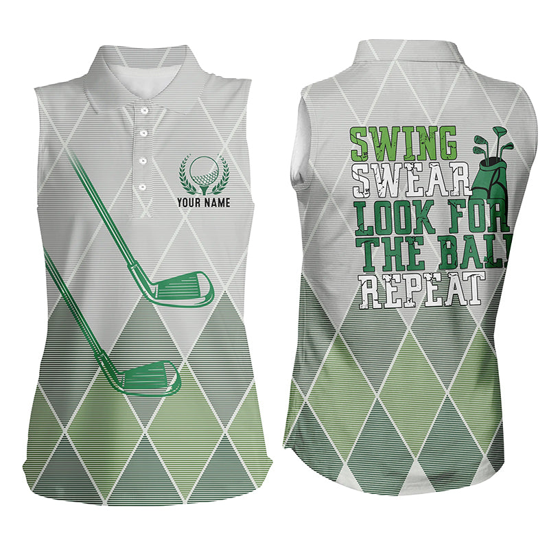 Swing Swear Look For The Ball Repeat Green Geometric Golf Clubs Womens Sleeveless Polo Shirt Golf Tops LDT0535