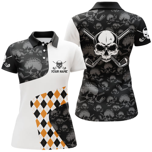 Halloween Orange Argyle Pattern Golf Polo Shirt Skull Golf Shirts For Women Crazy Golf Gifts LDT0545