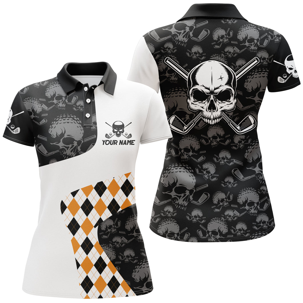 Halloween Orange Argyle Pattern Golf Polo Shirt Skull Golf Shirts For Women Crazy Golf Gifts LDT0545