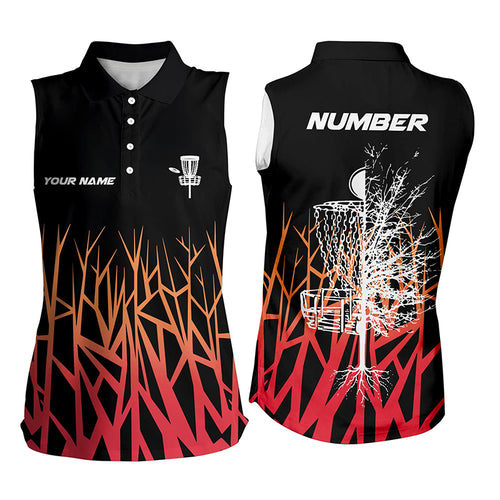 Personalized Disc Golf Womens Sleeveless Polo Shirt Basket Tree Red Gradient Disc Golf Tops For Women LDT1058
