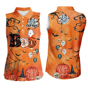 Boo Halloween Seamless Orange Womens Sleeveless Polo Shirt Custom Funny Golf Tops For Women Golf Gift LDT0550