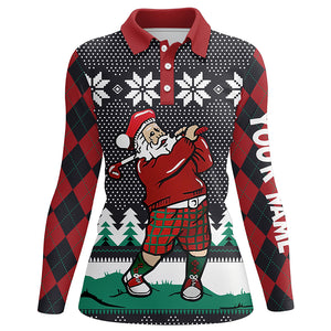 Santa Playing Golf Ugly Christmas Polo Shirt Custom Argyle Pattern Funny Golf Shirt For Women LDT0857