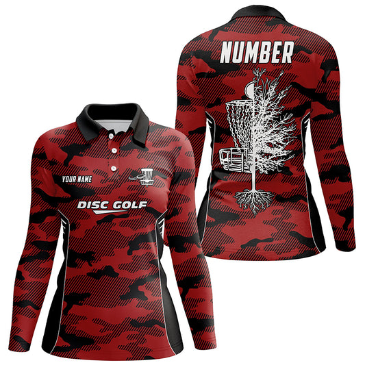 Camo Womens Golf Polo Shirts, Custom Red Camo Golf Shirt Disc Golf Shirts For Women, Golf Gifts LDT0057