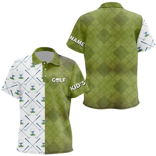 Customized Green And White Kids Golf Polo Shirt Golf Club Argyle Golf Shirts For Kid LDT0266