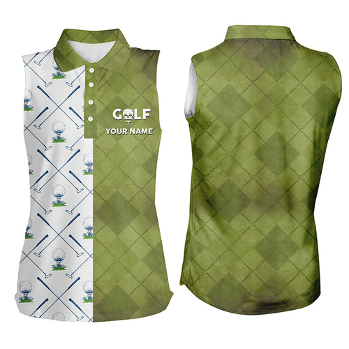 Customized Green And White Sleeveless Golf Polo Shirt Golf Club Argyle Skull Golf Shirts For Women LDT0266