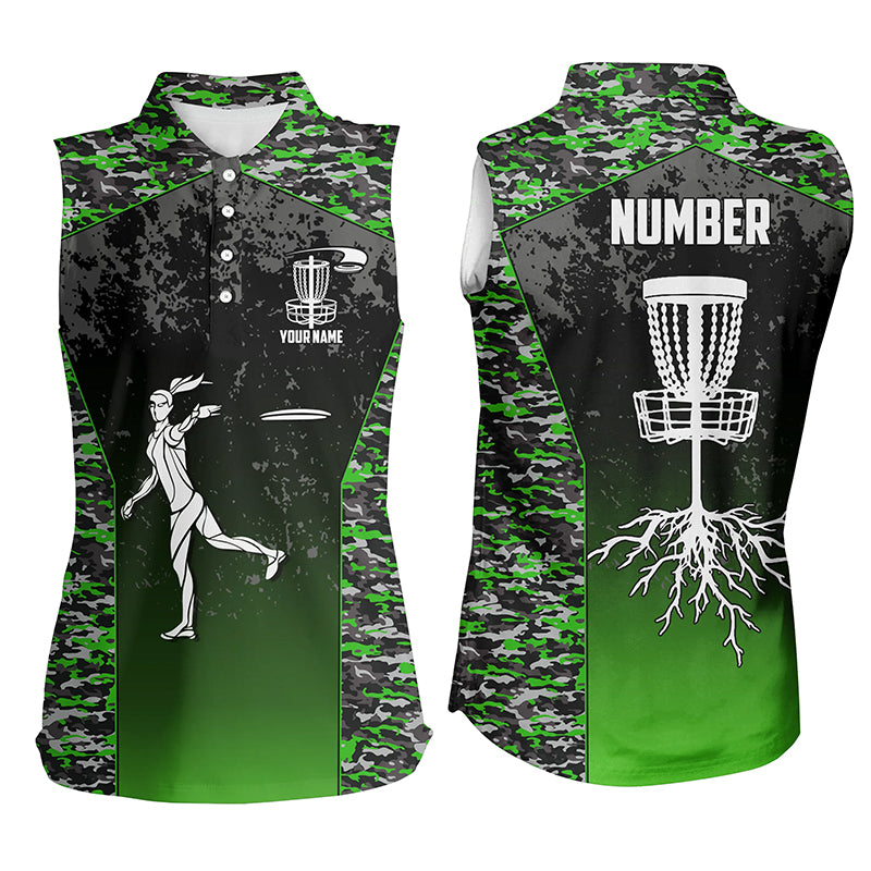 Disc Golf Green Camo Womens Sleeveless Polo Shirt Custom Camouflage Golf Shirts For Women Golf Gifts LDT0562