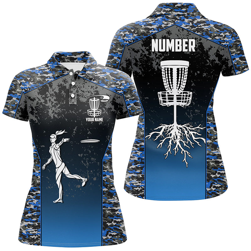 Blue Camo Womens Disc Golf Polo Shirt Custom Camouflage Golf Shirts For Women Disc Golf Gifts LDT0563