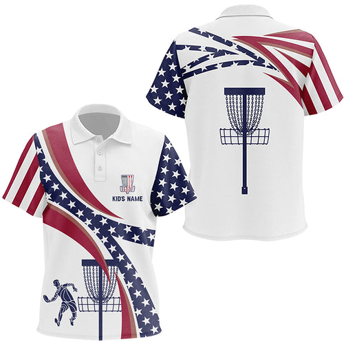 American Flag Kids Disc Golf Polo Shirts Custom Name Patriotic Unisex Golf Shirts For Kid, Golf Gifts LDT0279