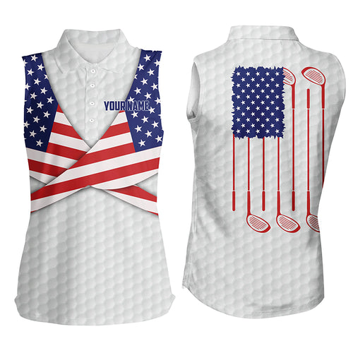 American Flag White Golf Pattern Womens Sleeveless Polo Shirt Patriotic Golf Tops For Women Golf Gift LDT0603