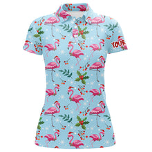 Load image into Gallery viewer, Christmas Flamingo Blue Tropical Womens Golf Polo Shirt Best Xmas Golf Gift Idea For Women LDT0611