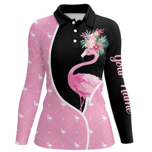 Load image into Gallery viewer, Womens Flower Flamingo Seamless Black &amp; Pink Golf Polo Shirts Custom Cute Golf Tops For Women LDT0330