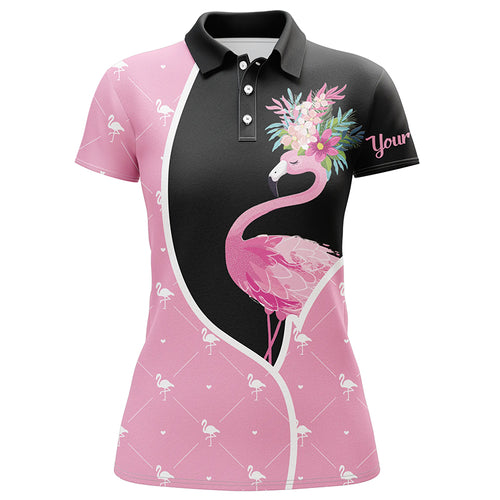 Womens Flower Flamingo Seamless Black & Pink Golf Polo Shirts Custom Cute Golf Tops For Women LDT0330