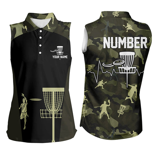 Green Camo Womens Sleeveless Disc Golf Polo Shirts, Custom Golf Shirts For Women, Disc Golf Gifts LDT0086