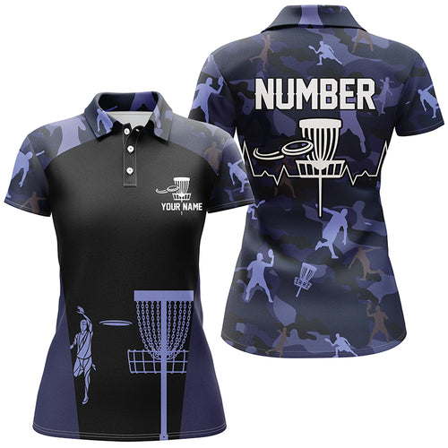 Blue Camo Womens Disc Golf Polo Shirts, Custom Camouflage Golf Shirts For Women, Disc Golf Gifts LDT0088