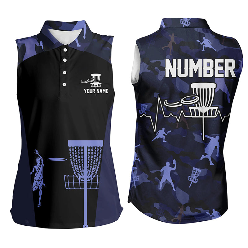 Blue Camo Womens Sleeveless Disc Golf Shirts Custom Camouflage Golf Shirts For Women, Disc Golf Gifts LDT0088