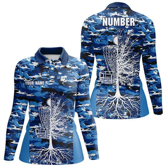 Blue Camo Womens Disc Golf Polo Shirts, Custom Camouflage Golf Shirts For Women, Disc Golf Gifts LDT0093
