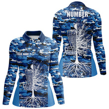 Load image into Gallery viewer, Blue Camo Womens Disc Golf Polo Shirts, Custom Camouflage Golf Shirts For Women, Disc Golf Gifts LDT0093