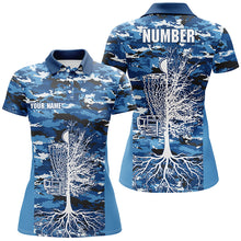 Load image into Gallery viewer, Blue Camo Womens Disc Golf Polo Shirts, Custom Camouflage Golf Shirts For Women, Disc Golf Gifts LDT0093