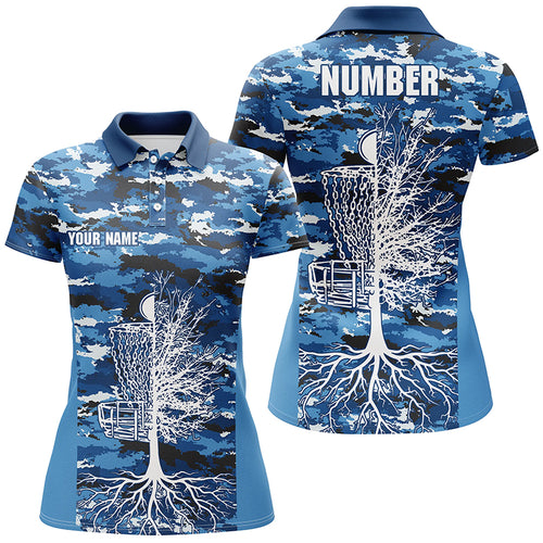 Blue Camo Womens Disc Golf Polo Shirts, Custom Camouflage Golf Shirts For Women, Disc Golf Gifts LDT0093