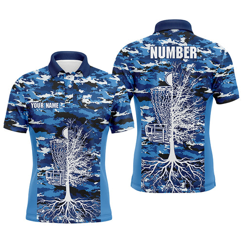 Blue Camo Mens Disc Golf Polo Shirts, Custom Camouflage Golf Shirts For Men, Disc Golf Gifts LDT0093