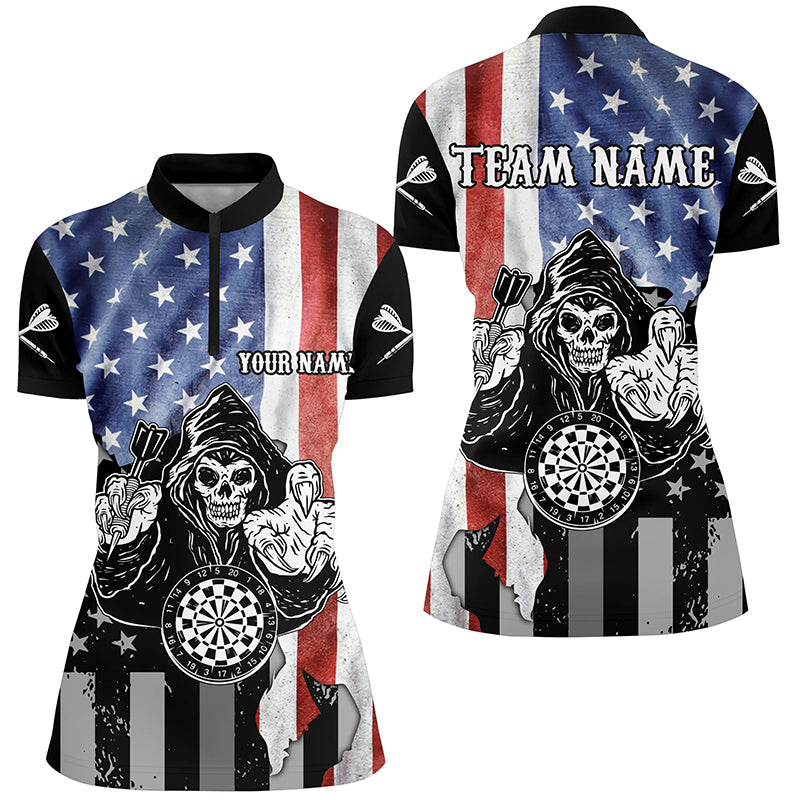 Personalized Vintage American Flag Darts Quarter-zip Shirt Skull Darts Jersey For Women LDT0667