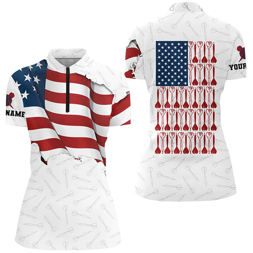 Darts Pattern Waving American Flag White Quarter-Zip Shirt Patriotic Dart Jersey For Women LDT0362