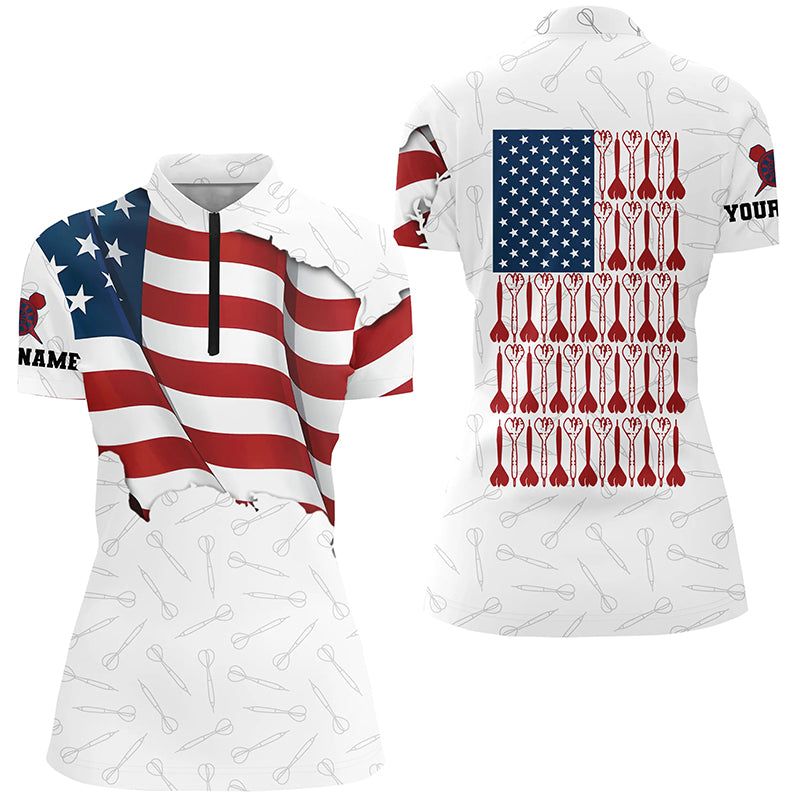 Darts Pattern Waving American Flag White Quarter-Zip Shirt Patriotic Dart Jersey For Women LDT0362