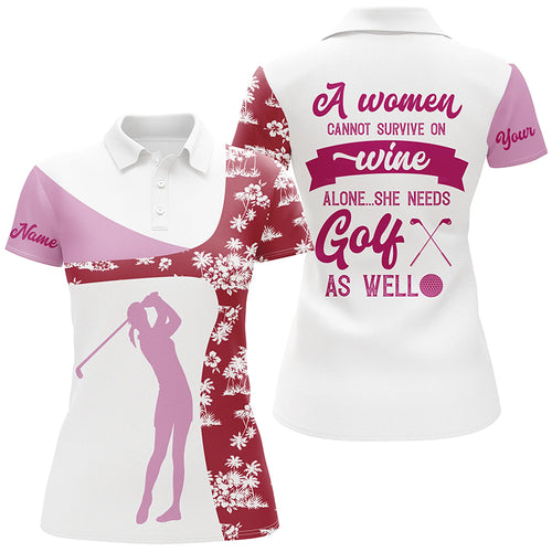A Women Cannot Survive On Wine Pink Red Tropical Golf Polo Shirt Drinking Golf Tops For Women LDT0675
