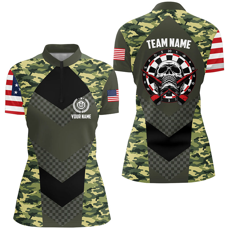 Green Camo American Flag Skull Dart Quarter-zip Shirt Custom Patriotic Women Darts Jersey LDT0679