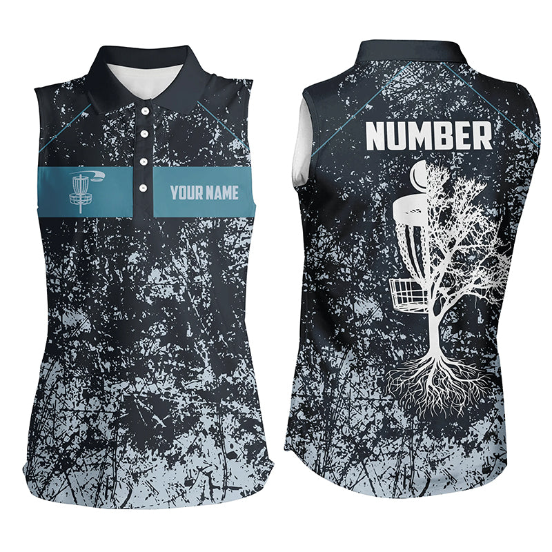 Custom Womens Sleeveless Polo Shirt Navy Camo Grunge Retro Disc Golf Tops For Women Cool Golf Gifts LDT0933