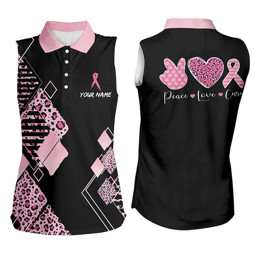 Black & Pink Leopard Pattern Womens Sleeveless Polo Shirts Breast Cancer Pink Ribbon Womens Golf Tops LDT1352