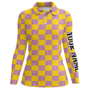 Yellow Purple Twinkle Checkered Plaid Womens Golf Polo Shirt Personalized Golf Tops For Women LDT0983