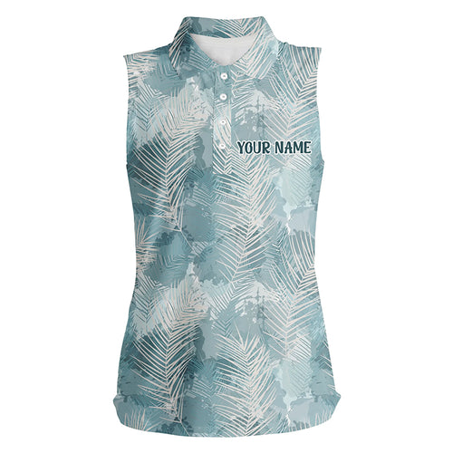 Womens Sleeveless Polo Shirt Watercolor Mint Tropical Palm Leaves Custom Funny Golf Tops For Women LDT0984