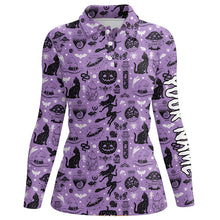 Load image into Gallery viewer, Purple Halloween Seamless With Pumpkin Cat Witch Funny Magic Halloween Golf Shirts For Women LDT0454